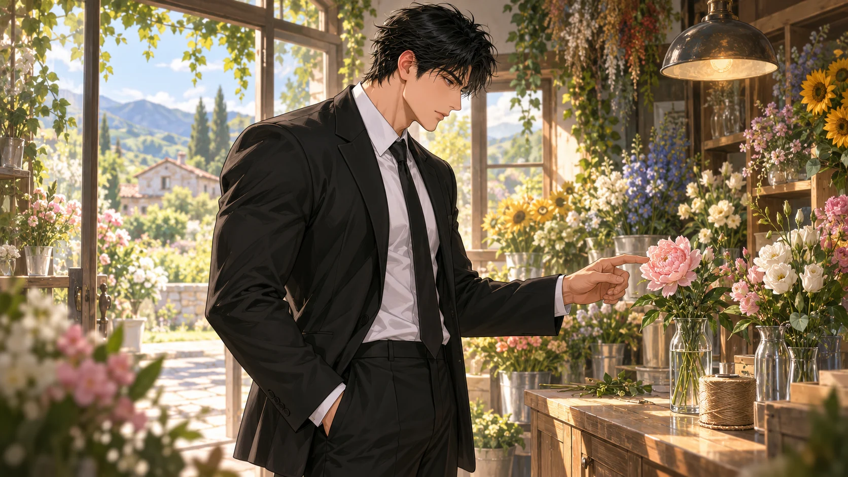 Un caïd à la retraite sur le seuil d’une boutique de fleurs