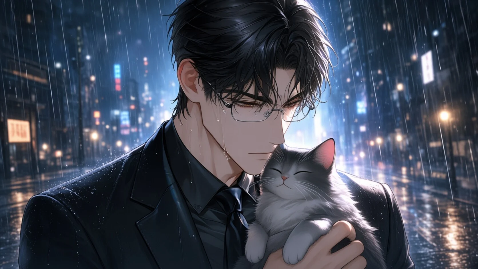 La pluie, un chat et lui